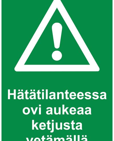 Hädaolukorras avaneb uks ketist tõmmates, helkurkleebis, 200x300 mm
