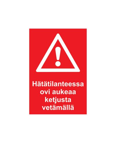 Hädaolukorras avaneb uks ketist tõmmates, helkurkleebis, 200x300 mm